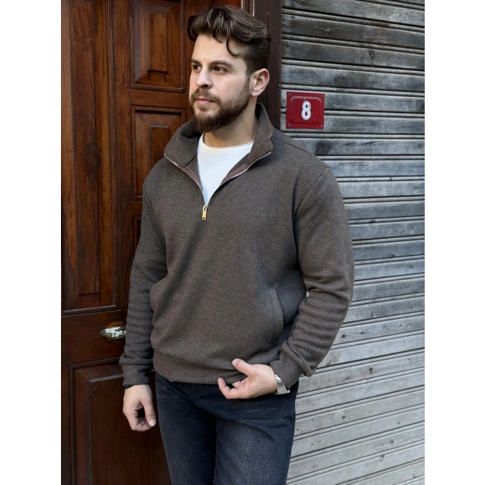 Yarım Fermuarlı Dik Yaka Sweat Kahverengi