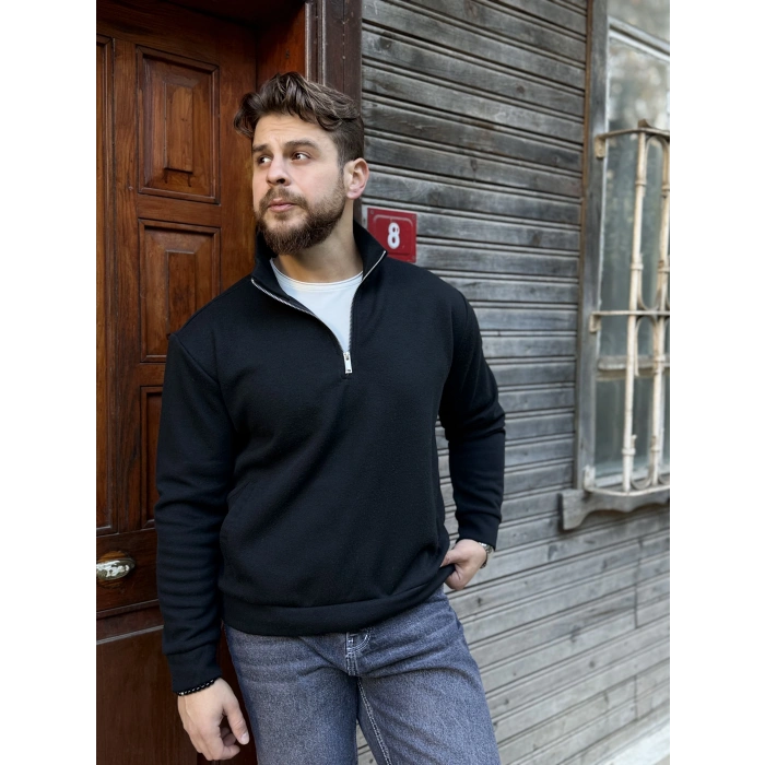 Yarım Fermuarlı Dik Yaka Sweat Siyah