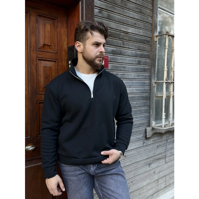Yarım Fermuarlı Dik Yaka Sweat Siyah