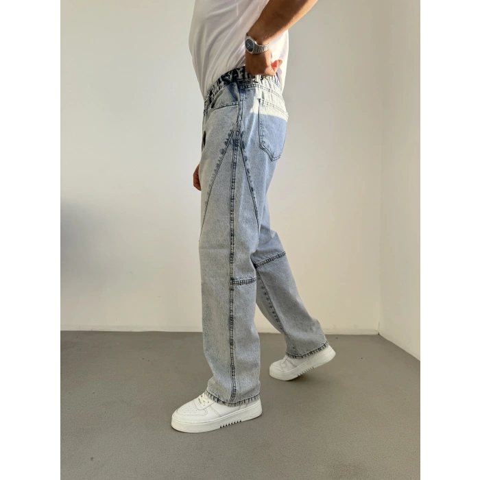 Yıkamalı Çıma Detaylı Baggy Kot Buz Mavi