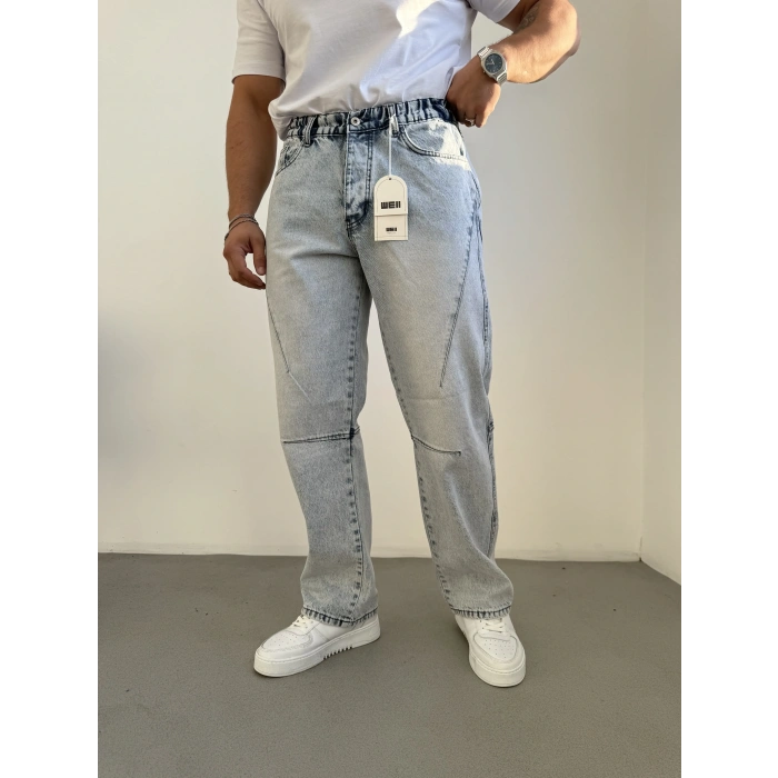 Yıkamalı Çıma Detaylı Baggy Kot Buz Mavi