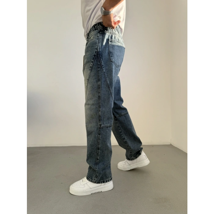 Yıkamalı Çıma Detaylı Baggy Kot Mavi