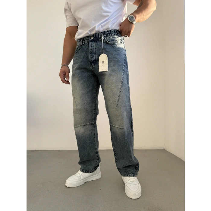 Yıkamalı Çıma Detaylı Baggy Kot Mavi