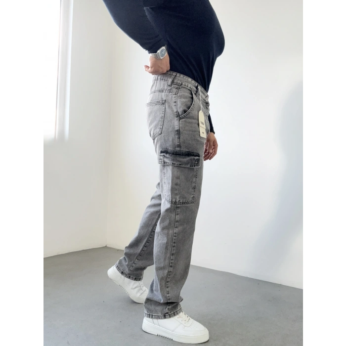 Yıkamalı Gri Kargo Cep Kot Pantolon