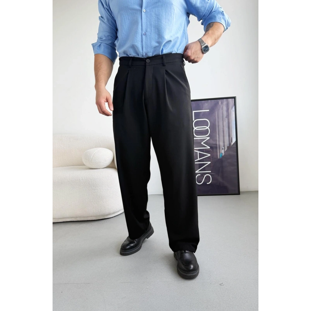 SİYAH TEK PİLELİ BAGGY KALIP KUMAŞ PANTOLON