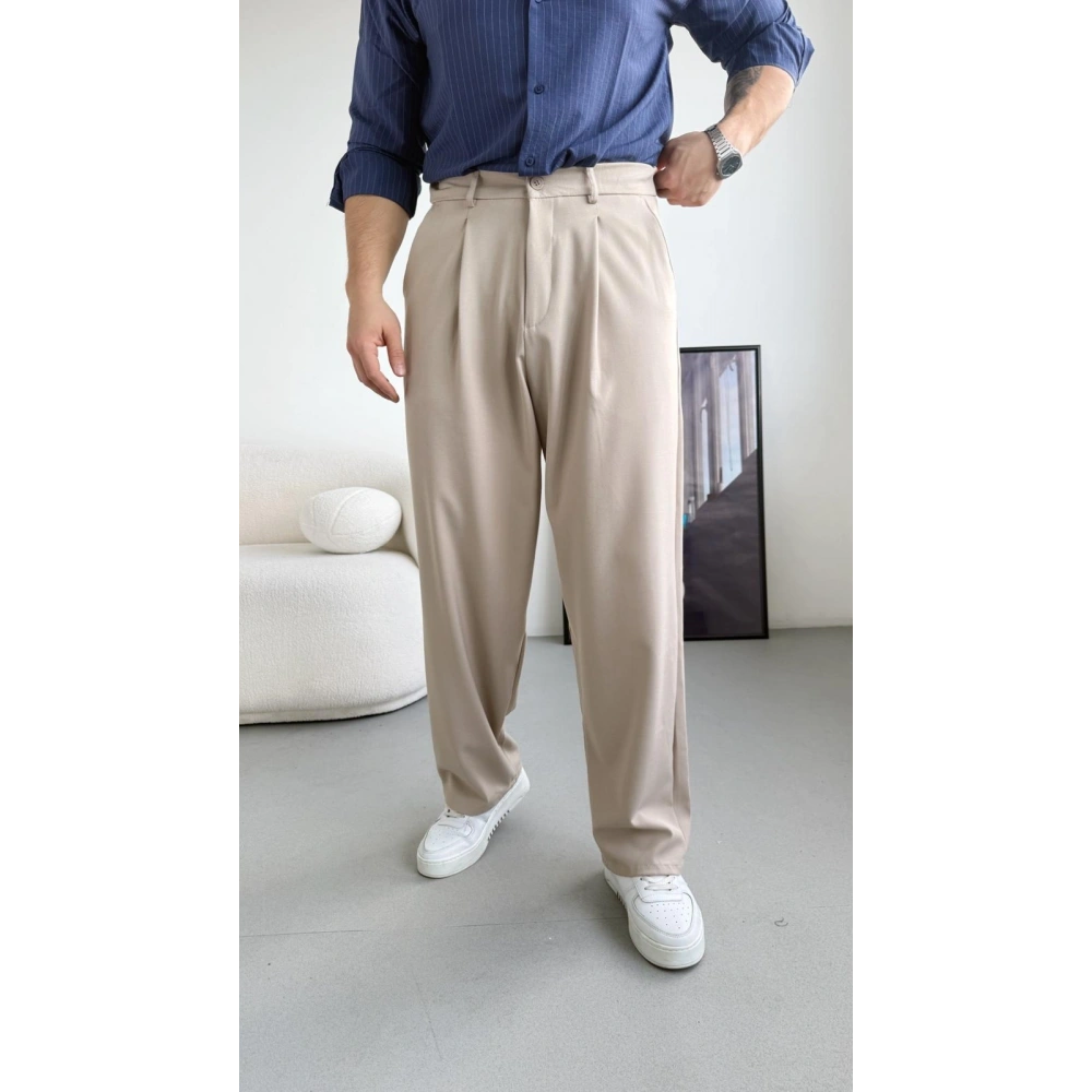 BEJ RENK TEK PİLELİ BAGGY KUMAŞ PANTOLON