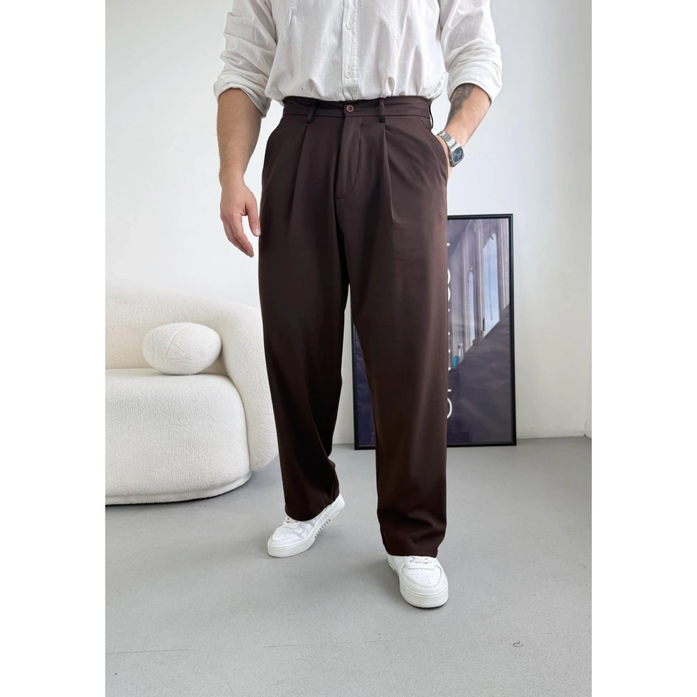 ACI KAHVE TEK PİLELİ BAGGY KALIP KUMAŞ PANTOLON