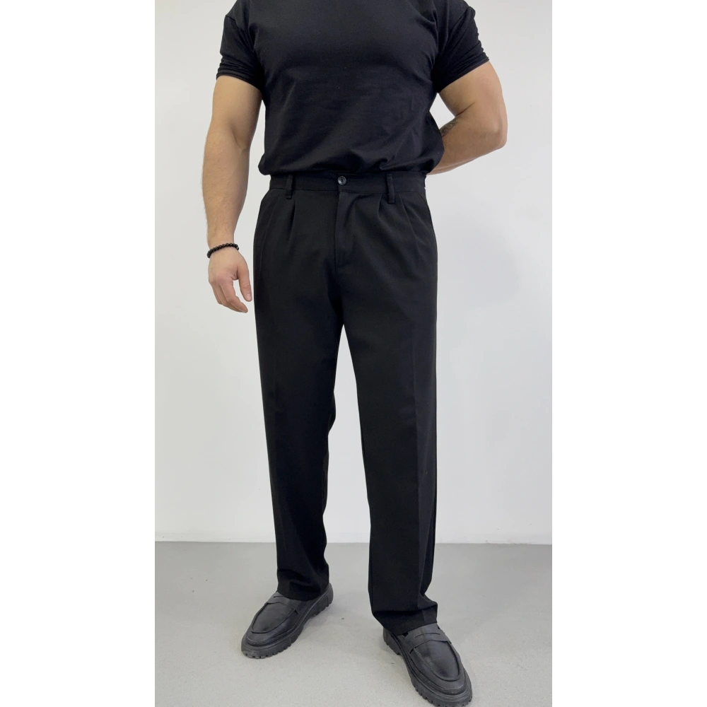 SİYAH ÇİFT PİLELİ BAGGY KALIP KUMAŞ PANTOLON