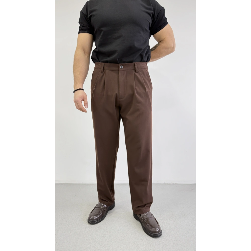 ACI KAHVE ÇİFT PİLELİ BAGGY KALIP KUMAŞ PANTOLON