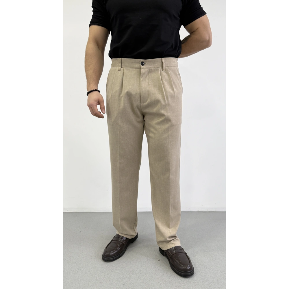 KUM BEJİ ÇİFT PİLELİ BAGGY KALIP KUMAŞ PANTOLON