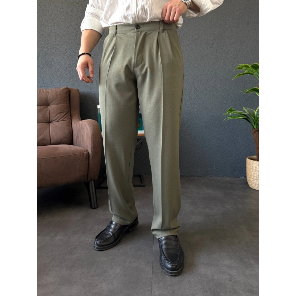 HAKİ YEŞİL ÇİFT PİLELİ BAGGY KALIP KUMAŞ PANTOLON