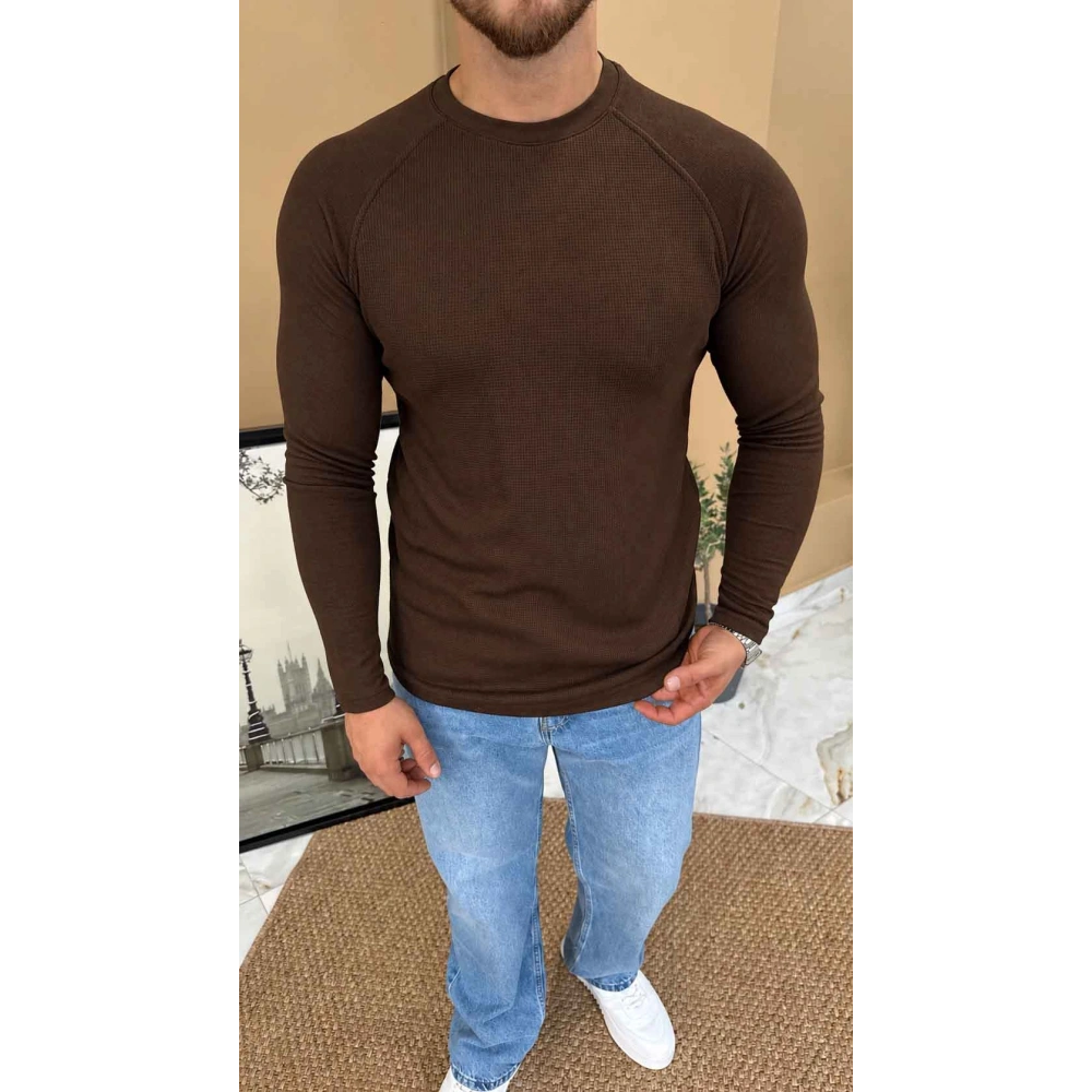 ACI KAHVE REGLAN KOL WAFFLE DOKULU SWEAT