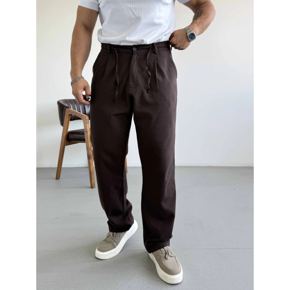 ACI KAHVE TEK PİLELİ BAGGY KALIP KETEN PANTOLON