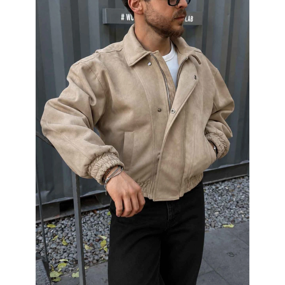 BEJ NUBUK SÜET BOX FİT BOMBER CEKET