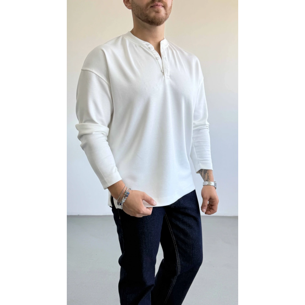BEYAZ HENLEY YAKA OVERSİZE SWEAT
