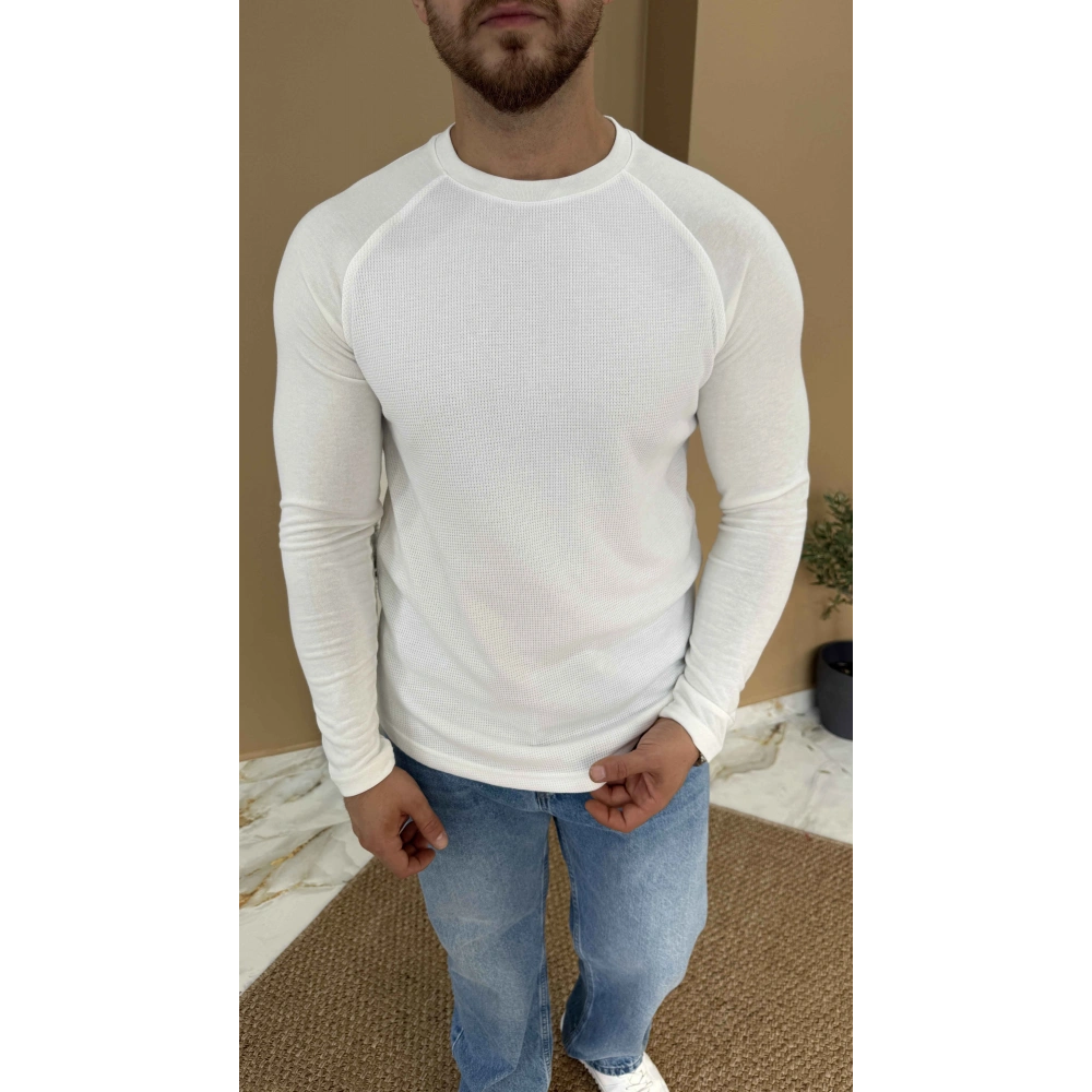 BEYAZ REGLAN KOL WAFFLE DOKULU SWEAT
