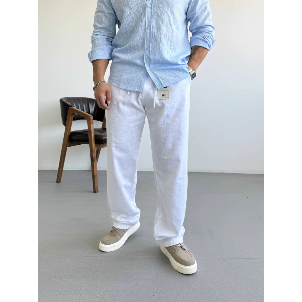 BEYAZ TEK PİLELİ BAGGY KALIP KETEN PANTOLON