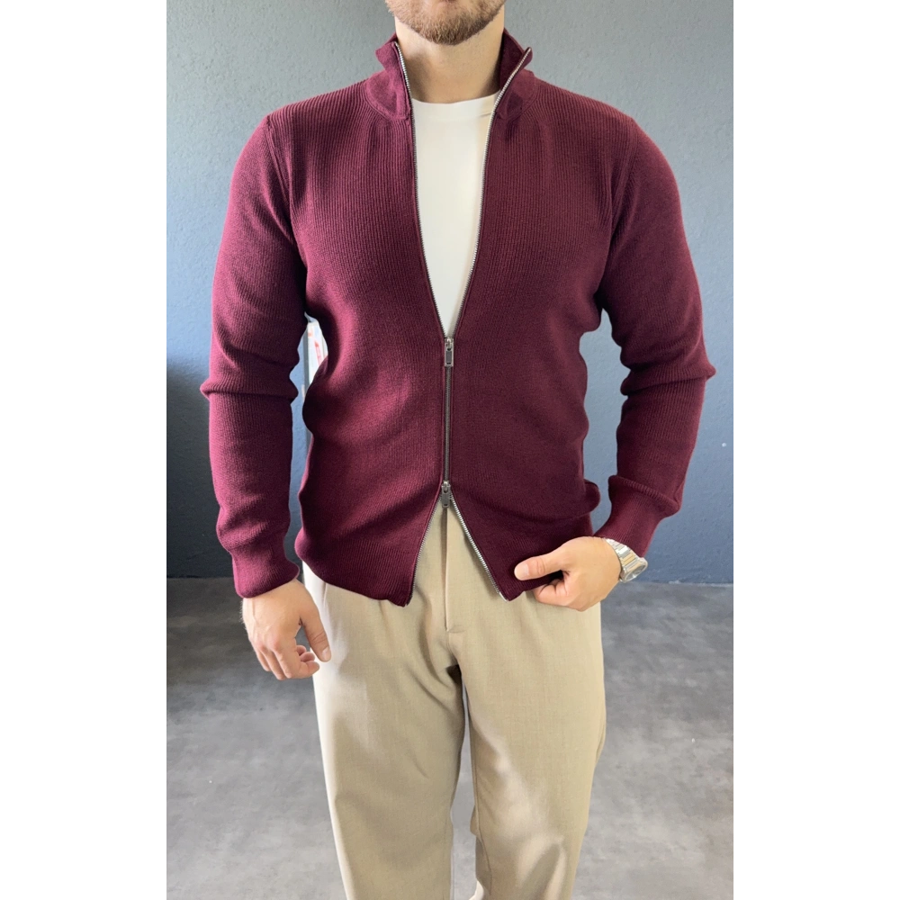 BORDO DİK YAKA ÇİFT FERMUARLI TRİKO HIRKA