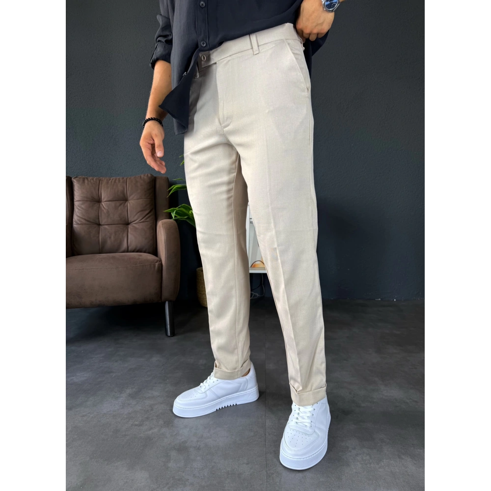 Boyfriend Kalıp Duble Paça Kumaş Pantolon Bej