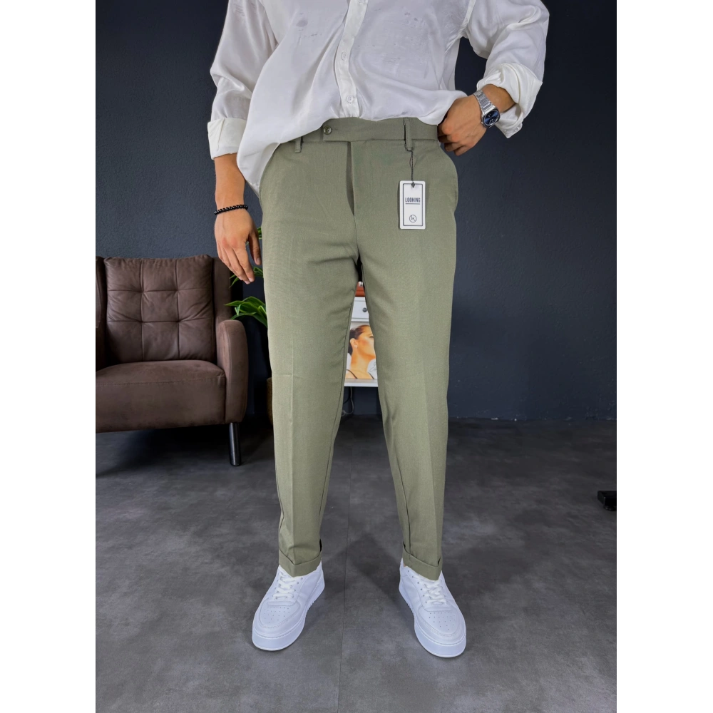 Boyfriend Kalıp Duble Paça Kumaş Pantolon Haki