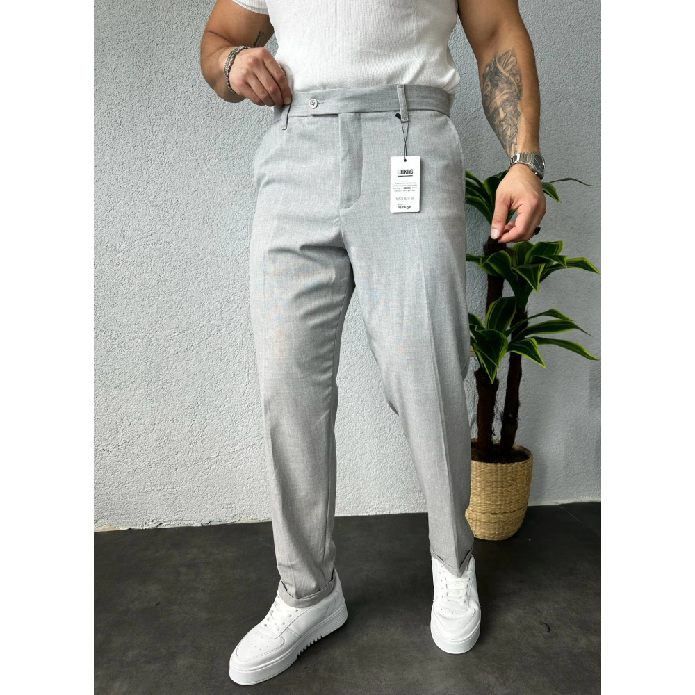 Boyfriend Kalıp Duble Paça Kumaş Pantolon Gri