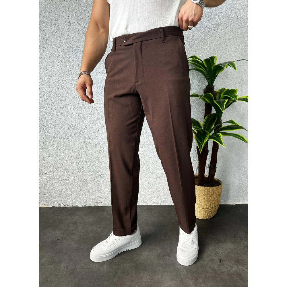 Boyfriend Kalıp Duble Paça Kumaş Pantolon Kahverengi