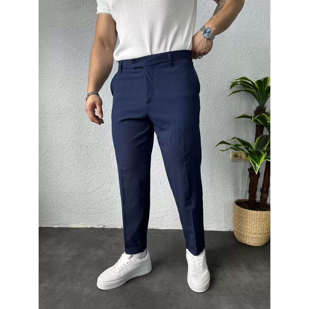 Boyfriend Kalıp Duble Paça Kumaş Pantolon Lacivert