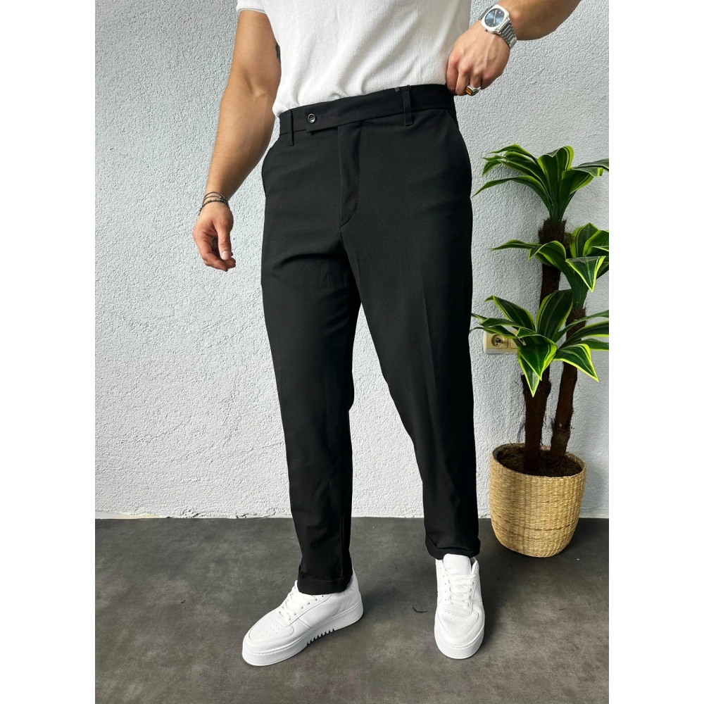Boyfriend Kalıp Duble Paça Kumaş Pantolon Siyah