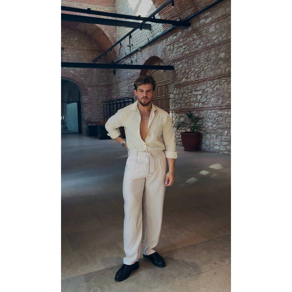 Çizgili Bej Gömlek - Modal Kumaş Kendinden Kemerli Taş Gri Pantolon Kombin