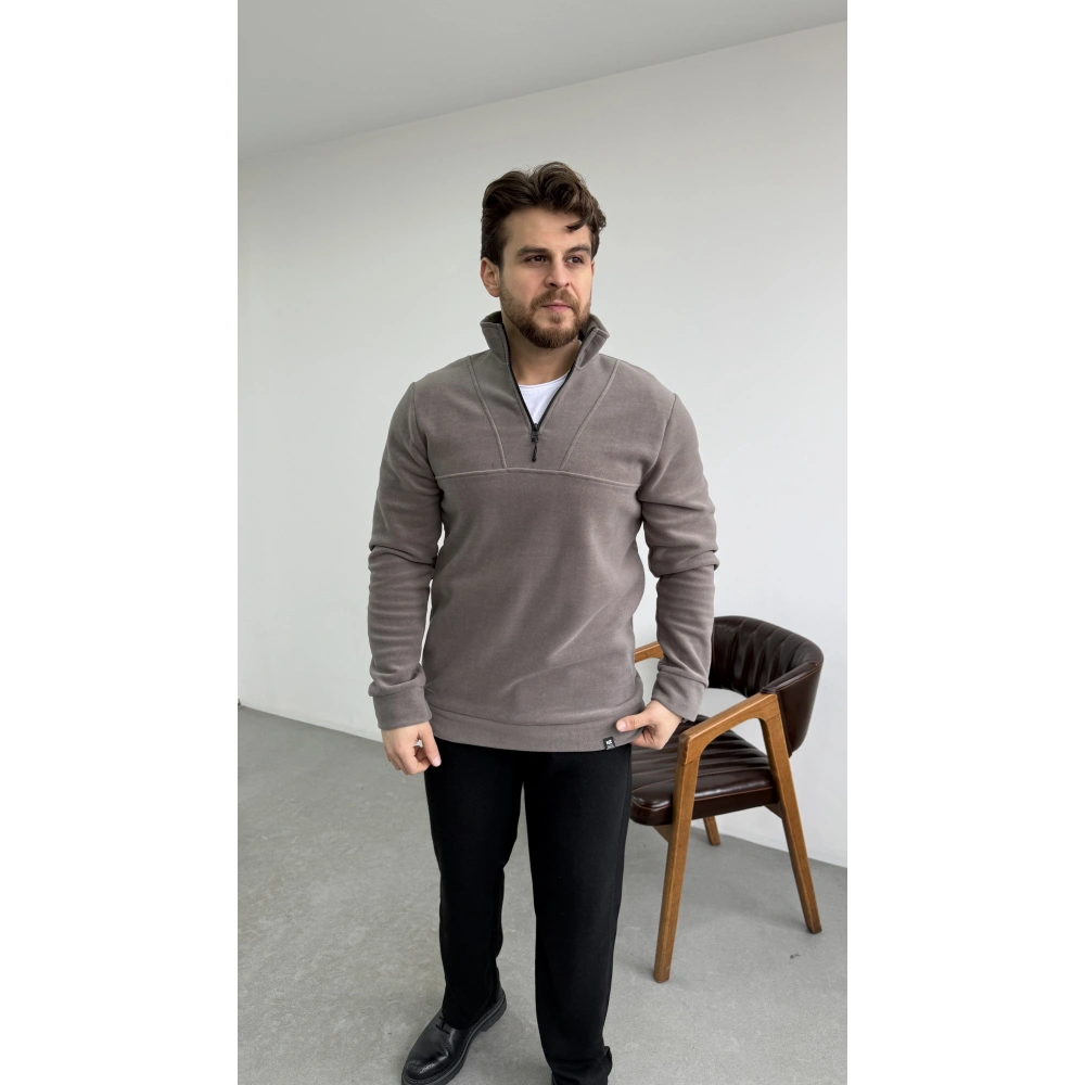 Dik Yaka Yarım Fermuar Polar Gri