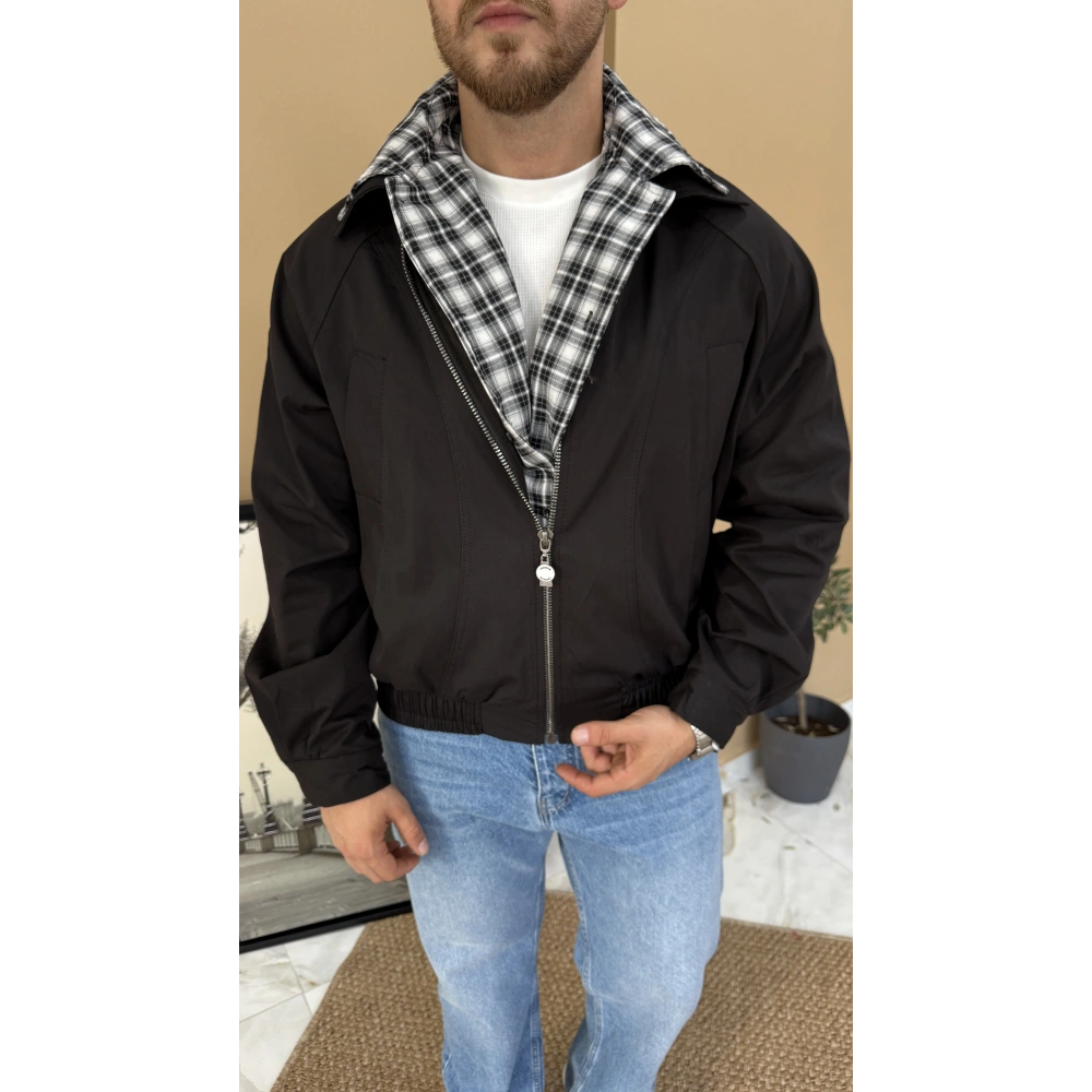 Ekose Detaylı Mevsimlik Bomber Ceket Siyah