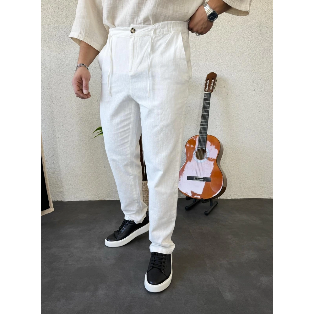 Giesto Ham Keten Boyfriend Pantolon Beyaz