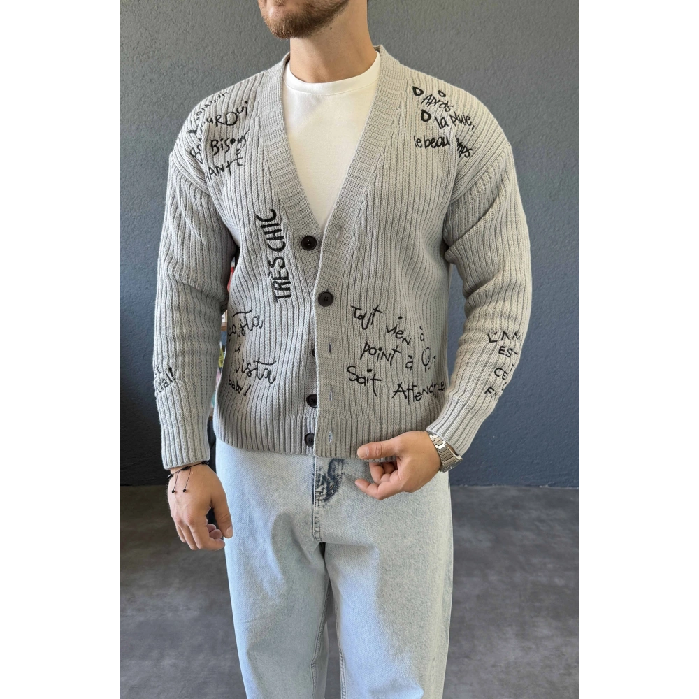 GRİ GRAFFİTİ NAKIŞ DETAYLI TRİKO HIRKA