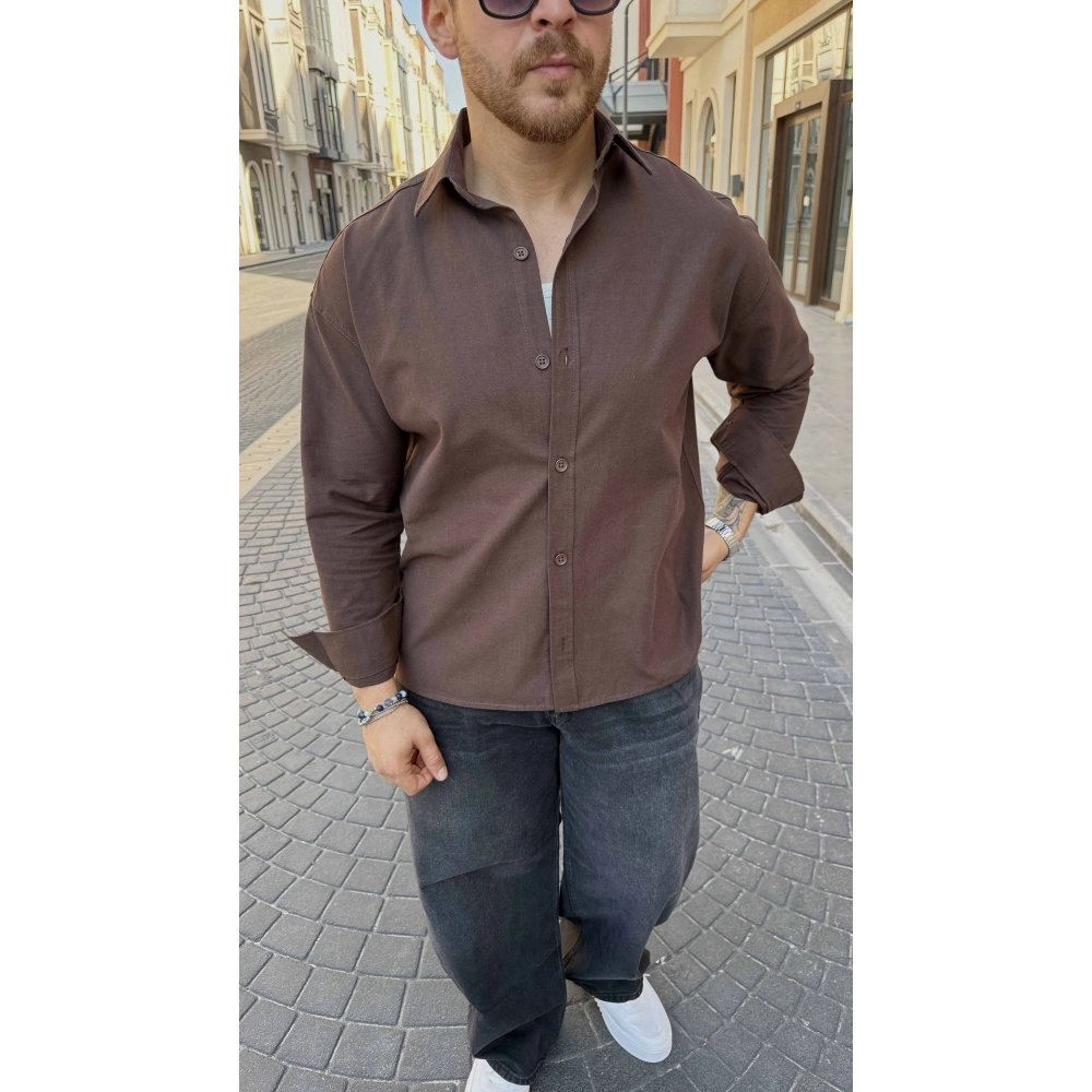 KAHVERENGİ GABARDİN CROP GÖMLEK
