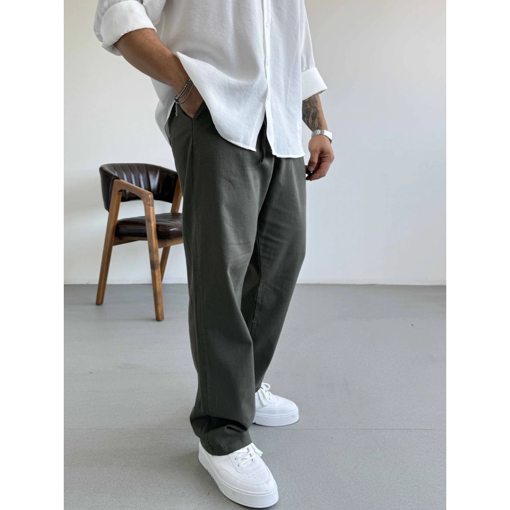 KOYU HAKİ YEŞİL TEK PİLELİ BAGGY KALIP KETEN PANTOLON
