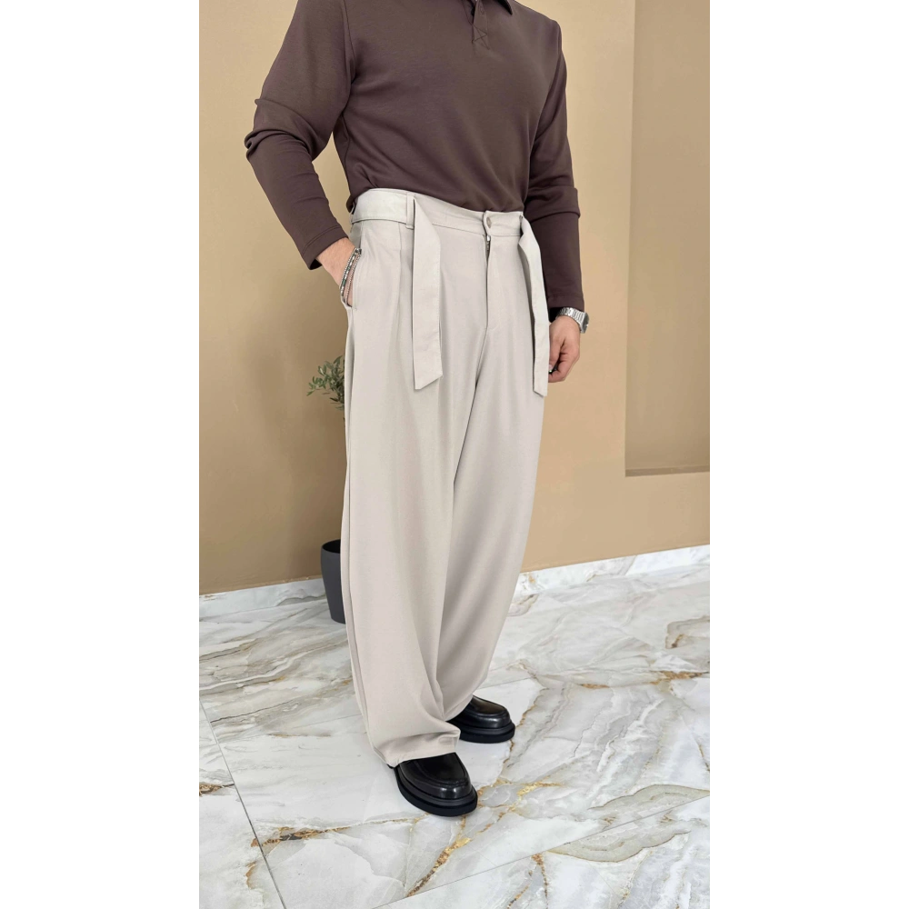 KREM KORE KALIP PİLELİ EXTRA BOL KUMAŞ PANTOLON