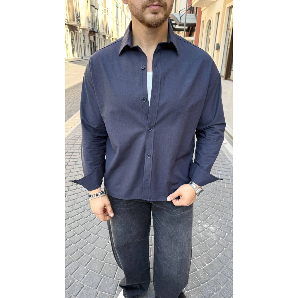 LACİVERT GABARDİN CROP GÖMLEK