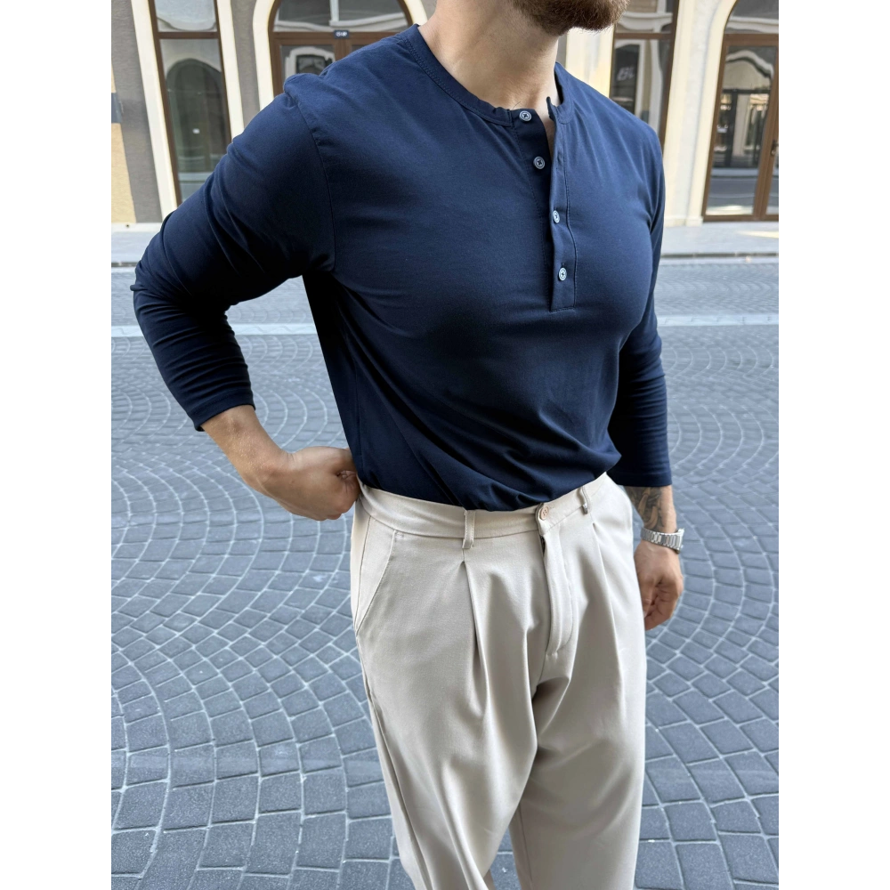 LACİVERT HENLEY YAKA REGULER FİT KALIP SWEAT