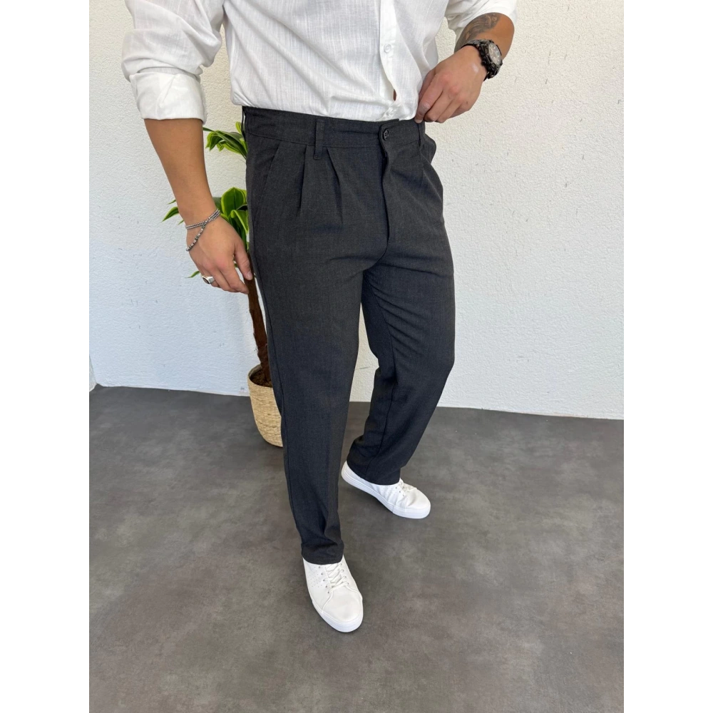 Pileli Baggy Kumaş Pantolon Antrasit Gri