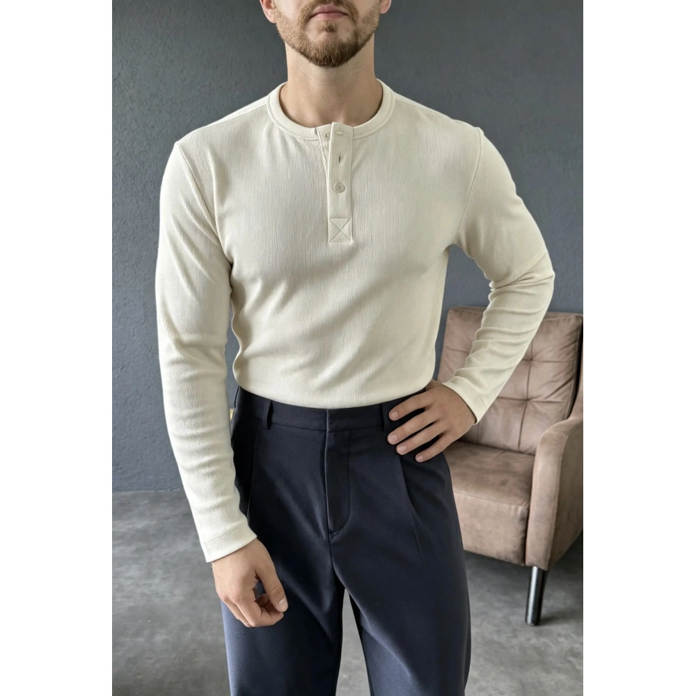 Ribana Kumaş Henley Yaka Sweat Bej