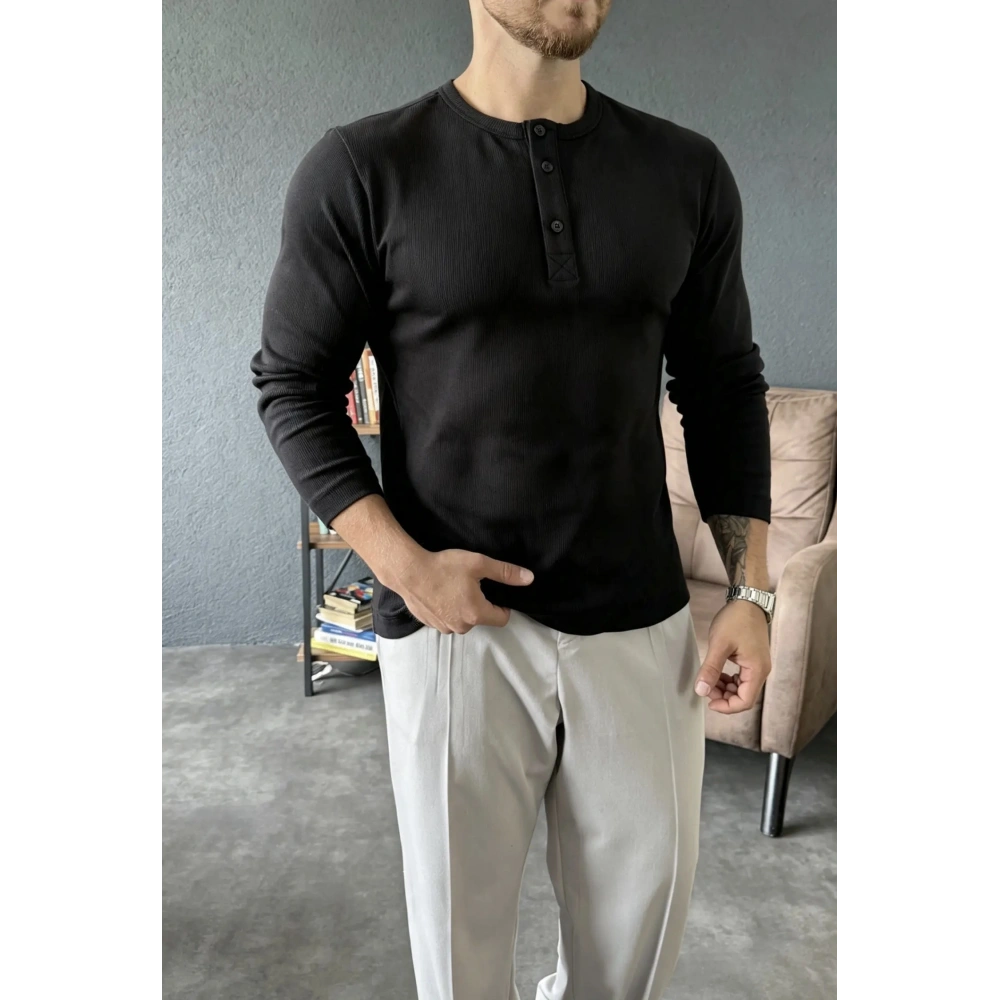 Ribana Kumaş Henley Yaka Sweat Siyah