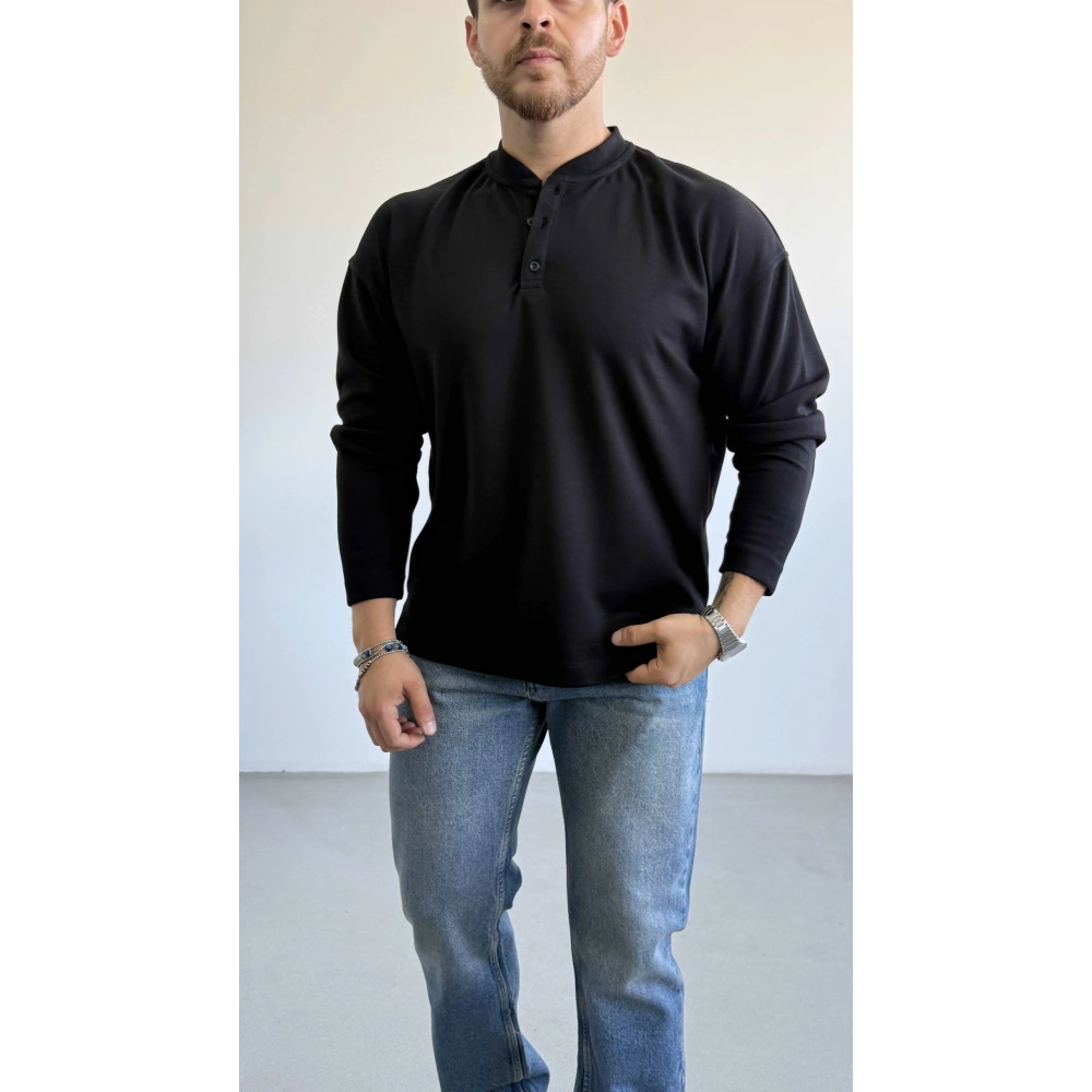 SİYAH HENLEY YAKA OVERSİZE SWEAT
