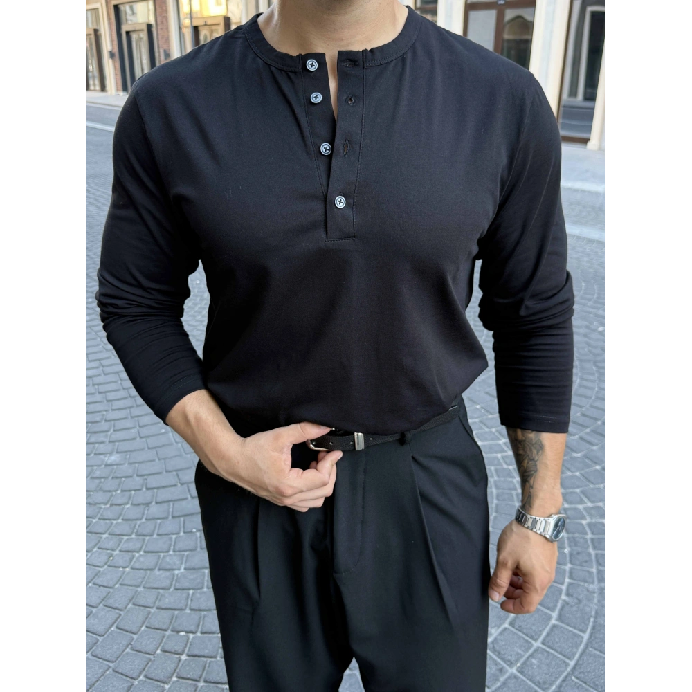 SİYAH HENLEY YAKA REGULER FİT KALIP SWEAT