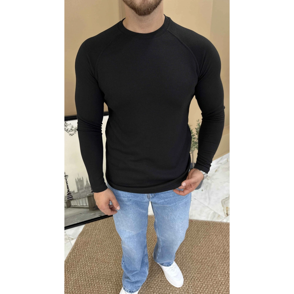 SİYAH REGLAN KOL WAFFLE DOKULU SWEAT