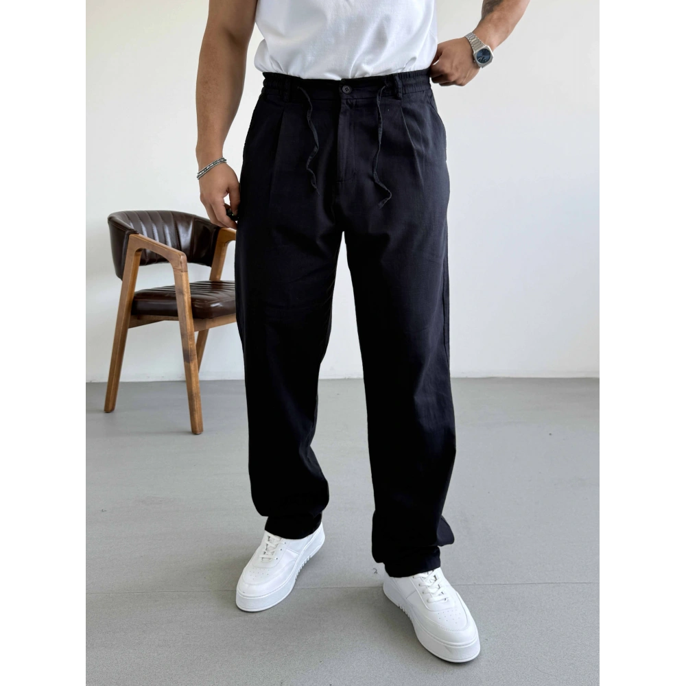 SİYAH TEK PİLELİ BAGGY KALIP KETEN PANTOLON