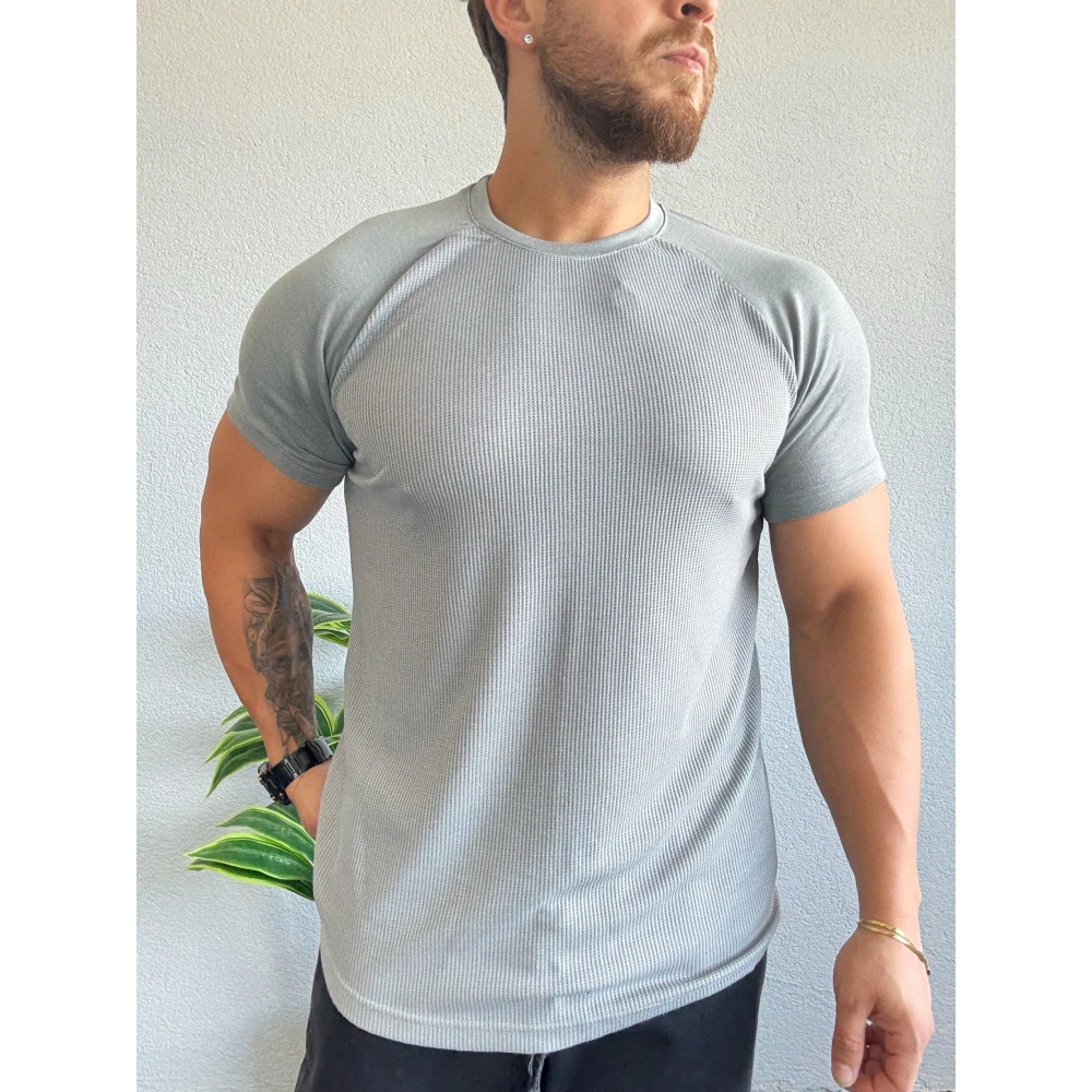 Waffle Kumaş Reglan Kol Basic Tişört Gri
