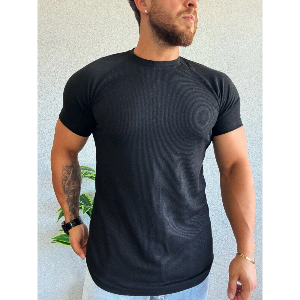 Waffle Kumaş Reglan Kol Basic Tişört Siyah
