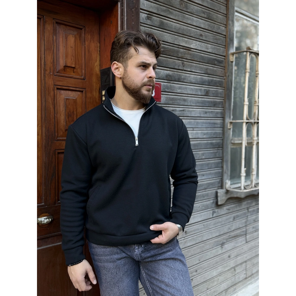 Yarım Fermuarlı Dik Yaka Sweat Siyah