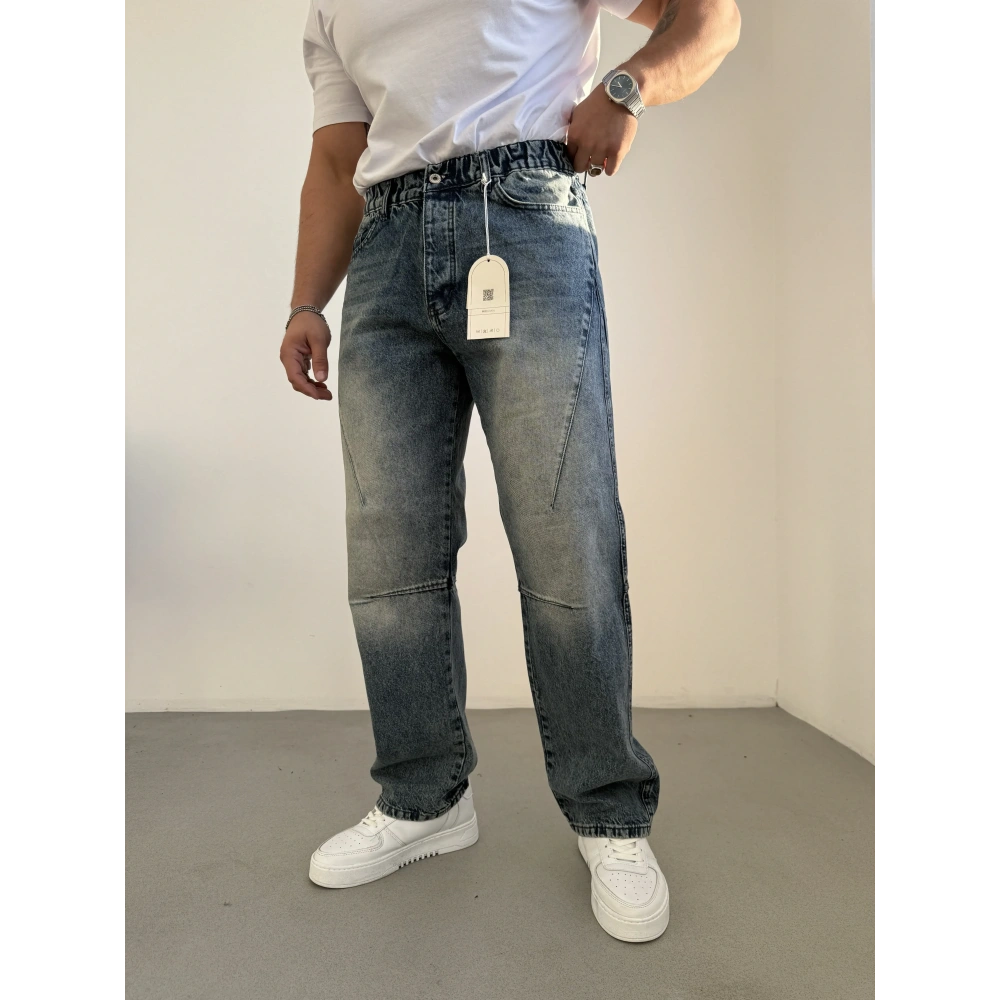 Yıkamalı Çıma Detaylı Baggy Kot Mavi