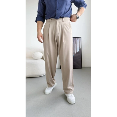 BEJ RENK TEK PİLELİ BAGGY KUMAŞ PANTOLON